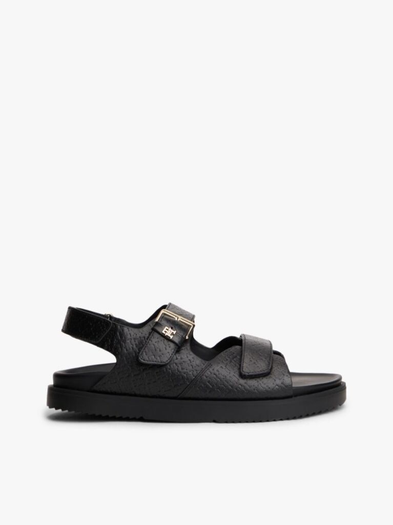 Black Leather TH Monogram Buckle Cleat Sandals  Women
