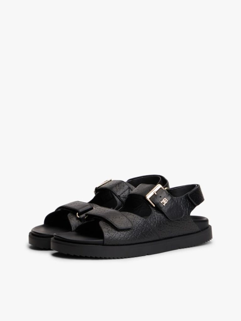 Black Leather TH Monogram Buckle Cleat Sandals  Women