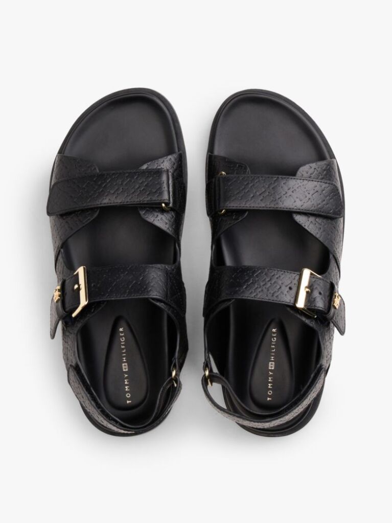 Black Leather TH Monogram Buckle Cleat Sandals  Women