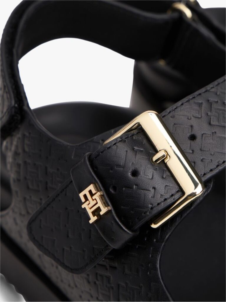 Black Leather TH Monogram Buckle Cleat Sandals  Women