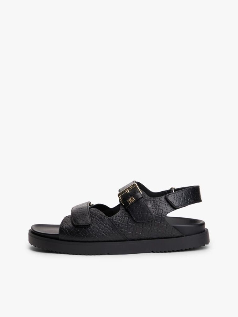 Black Leather TH Monogram Buckle Cleat Sandals  Women