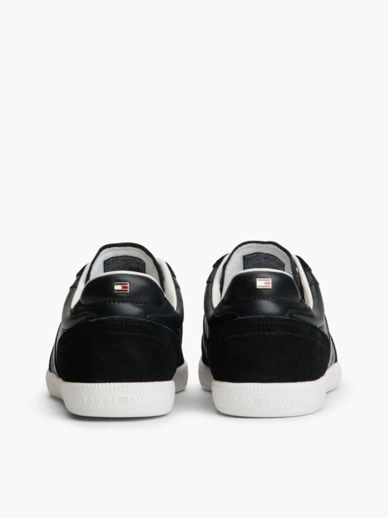 Black Leather Mixed Texture Enamel Flag Sneakers  Women