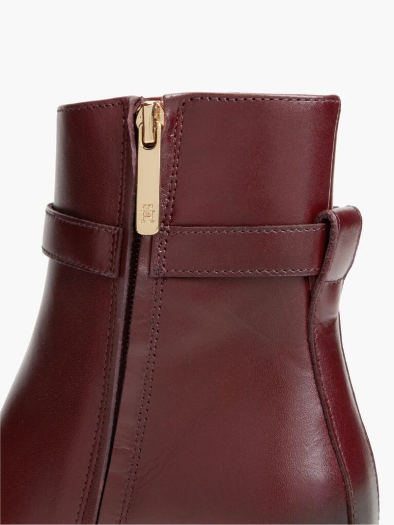 Red Leather Buckle Strap Block Heel Ankle Boots  Women