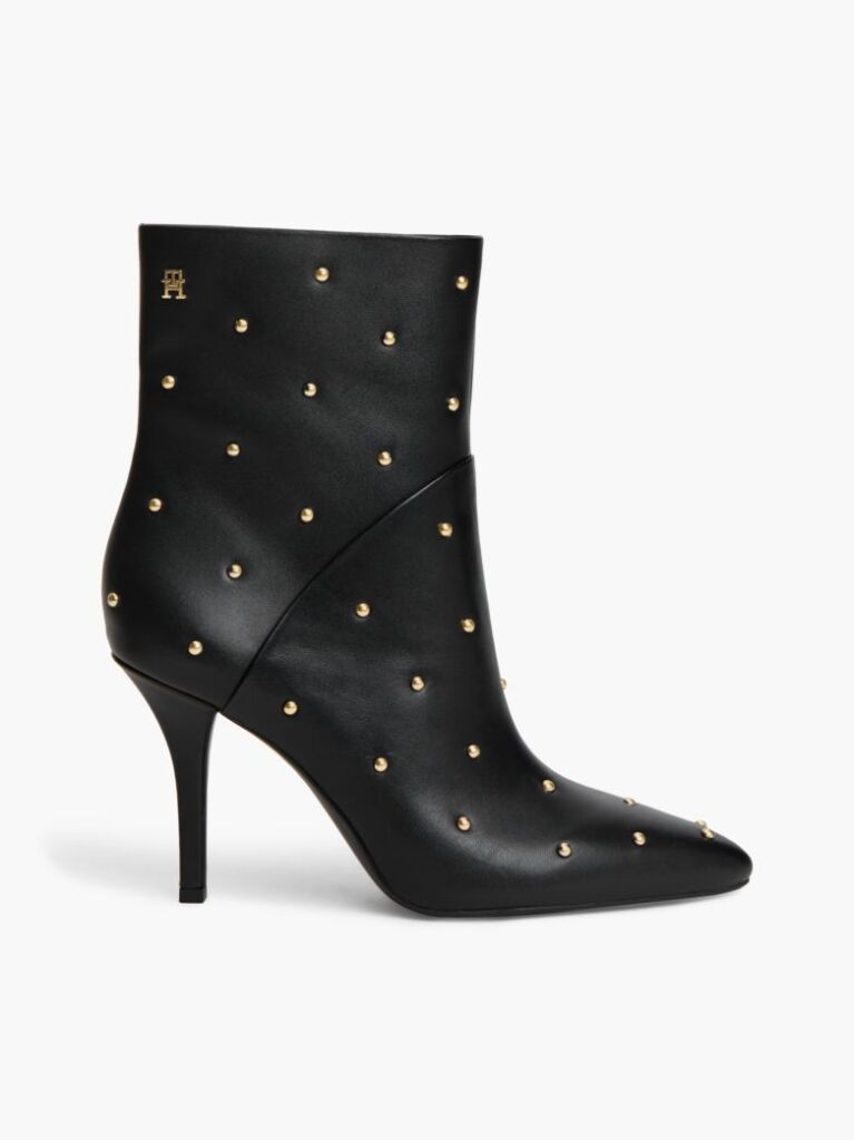 Black Leather Studded Stiletto Heel Ankle Boots  Women
