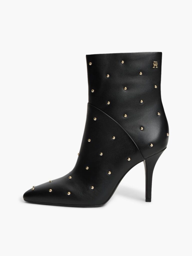 Black Leather Studded Stiletto Heel Ankle Boots  Women