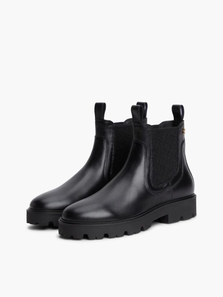 Black Leather TH Monogram Panel Chelsea Boots  Women