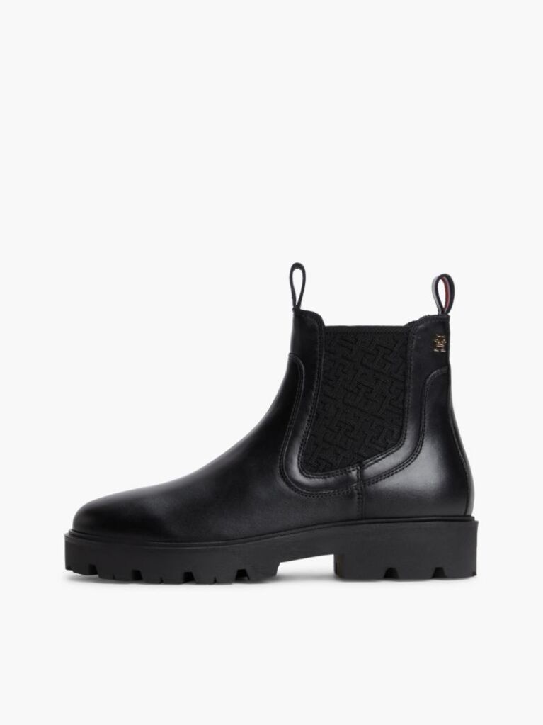 Black Leather TH Monogram Panel Chelsea Boots  Women