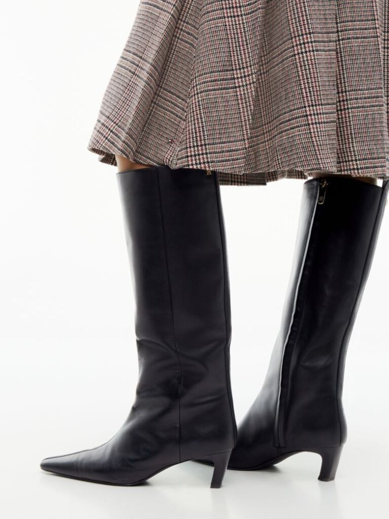 Black Kitten Heel Leather Knee-High Boots  Women
