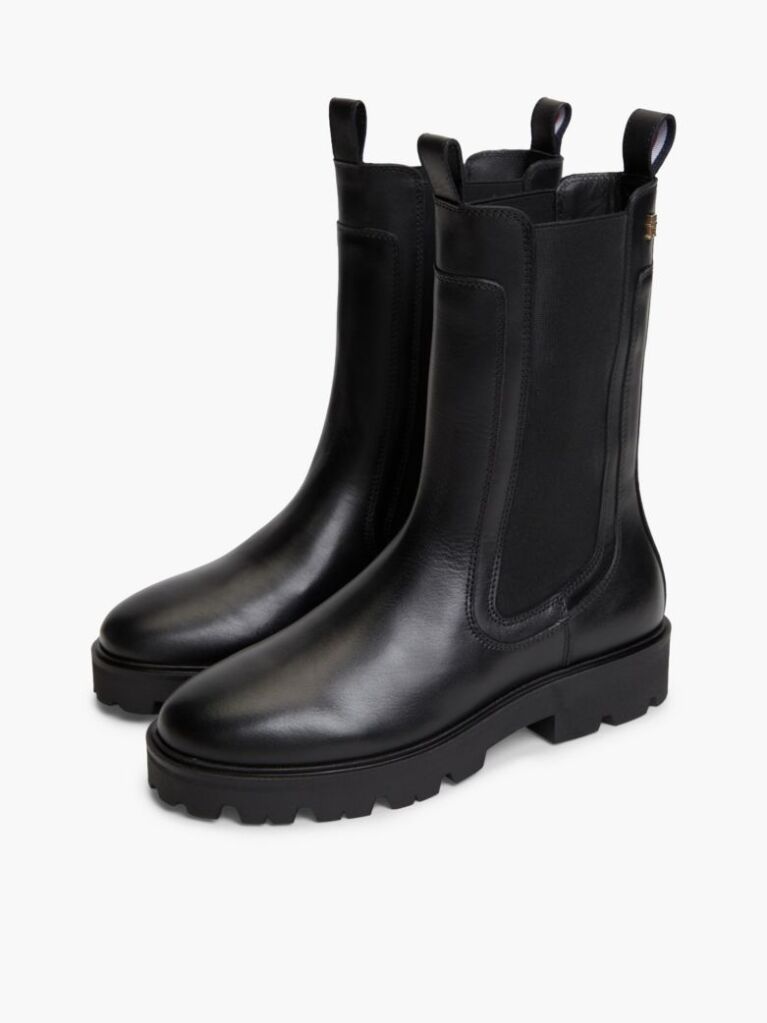 Black Leather Cleat High Chelsea Boots  Women