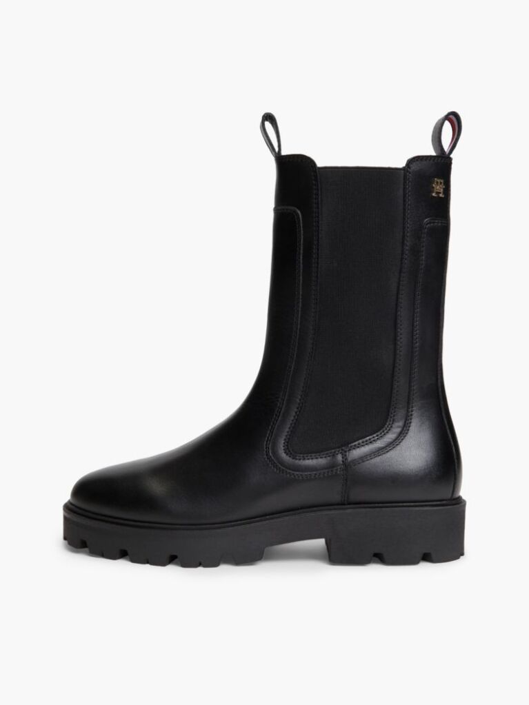 Black Leather Cleat High Chelsea Boots  Women