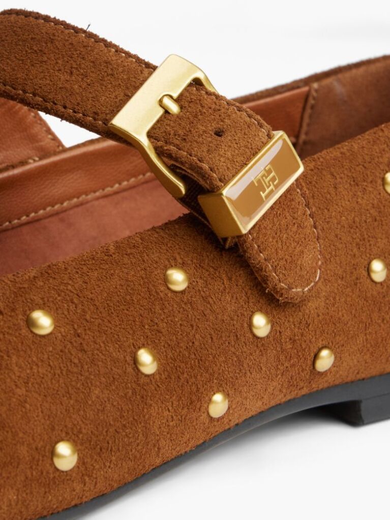 Brown Suede Stud Buckle Mary Jane Ballerinas  Women