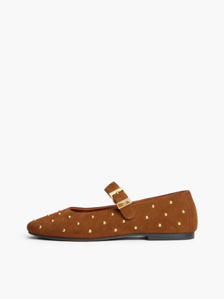 Brown Suede Stud Buckle Mary Jane Ballerinas  Women
