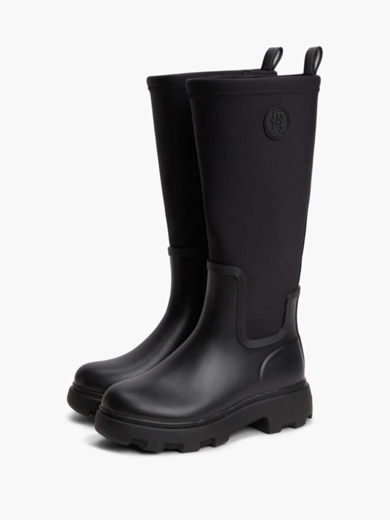 Black TH Monogram Knee-High Cleat Rain Boots  Women