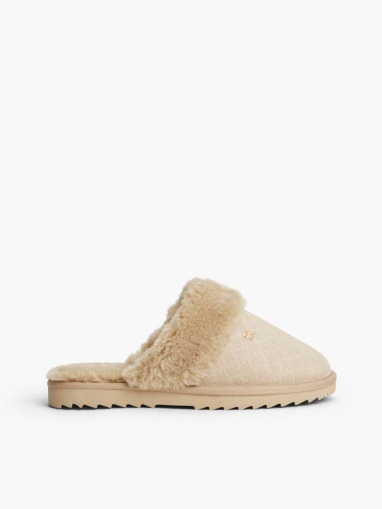 Beige Leather Faux Fur Serrated Slippers  Women