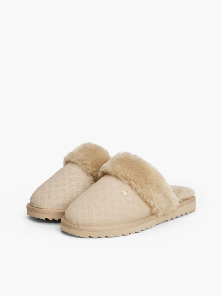 Beige Leather Faux Fur Serrated Slippers  Women