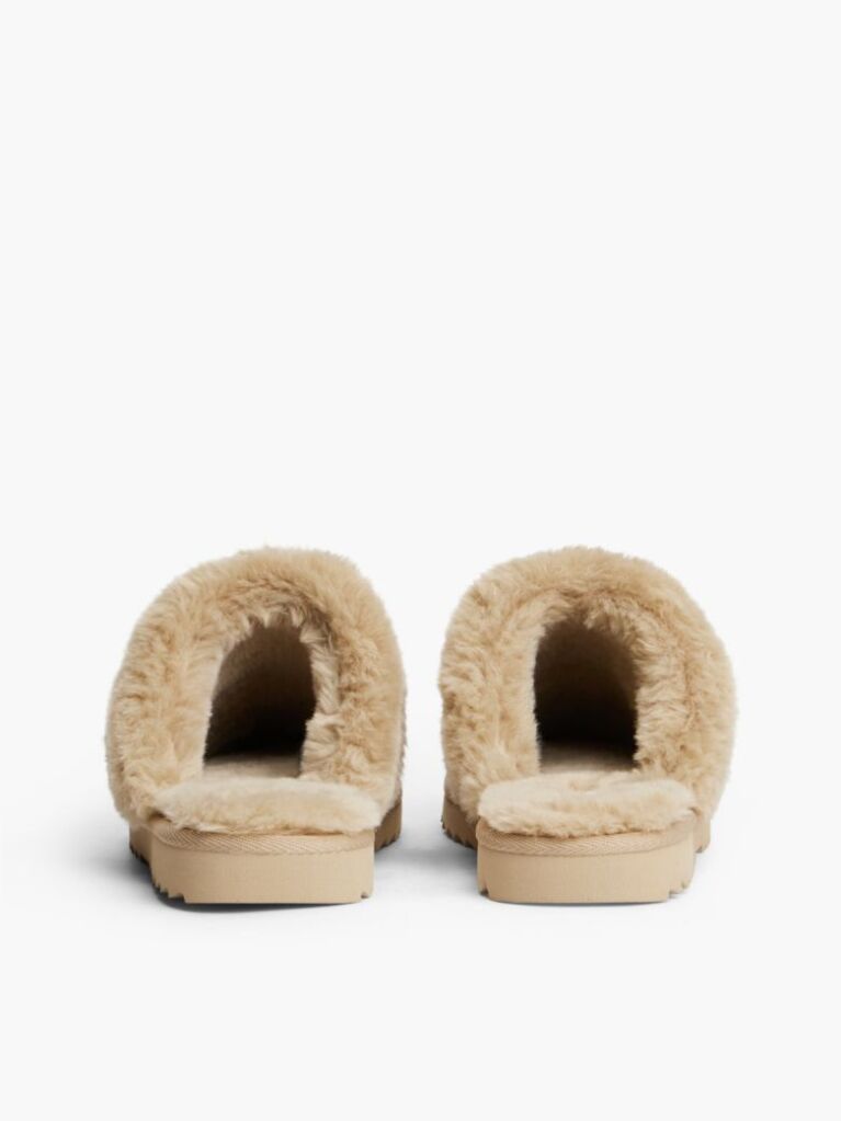 Beige Leather Faux Fur Serrated Slippers  Women