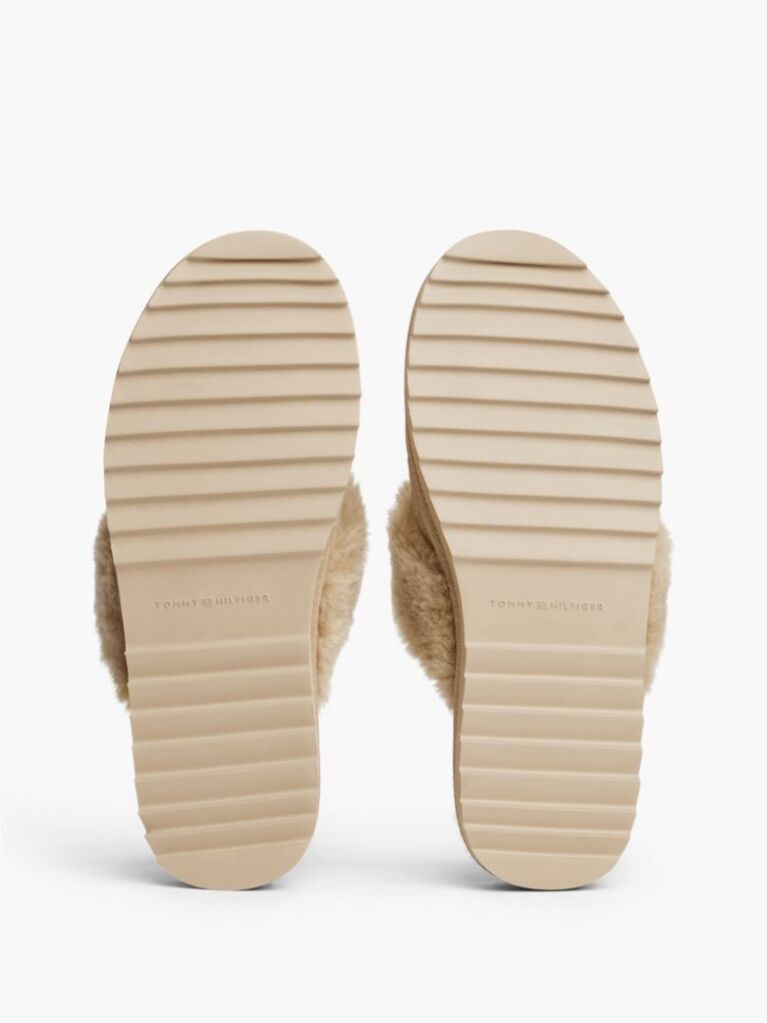 Beige Leather Faux Fur Serrated Slippers  Women