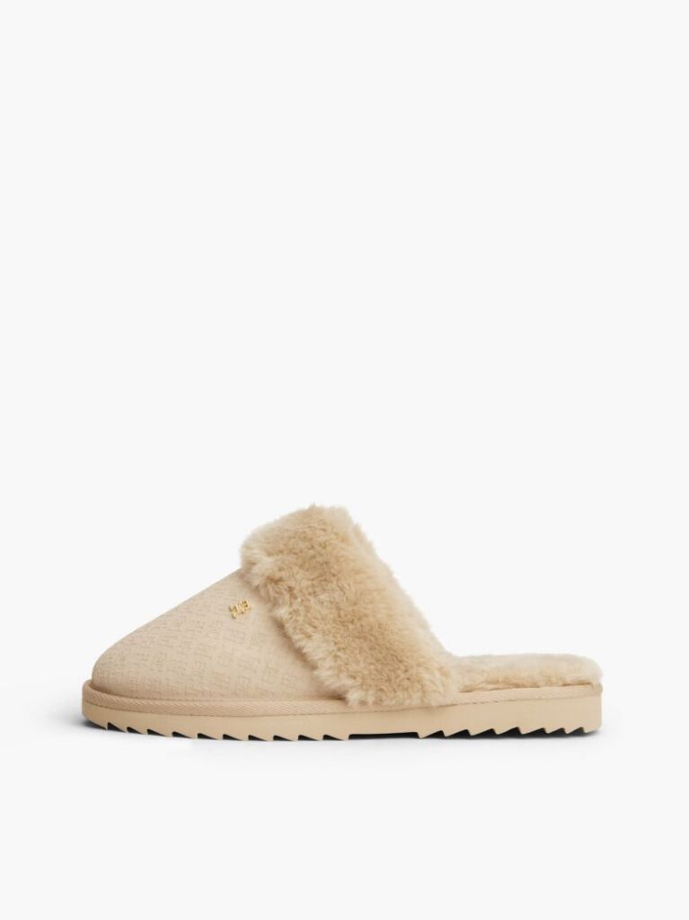 Beige Leather Faux Fur Serrated Slippers  Women