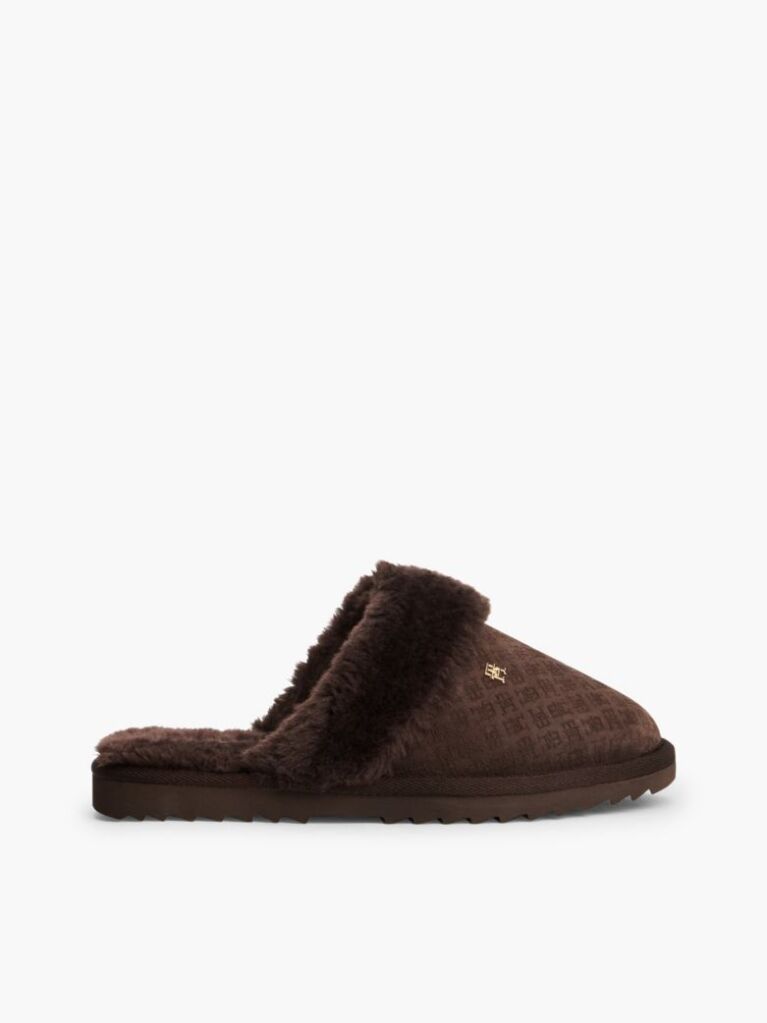 Brown Leather Faux Fur Serrated Slippers  Women