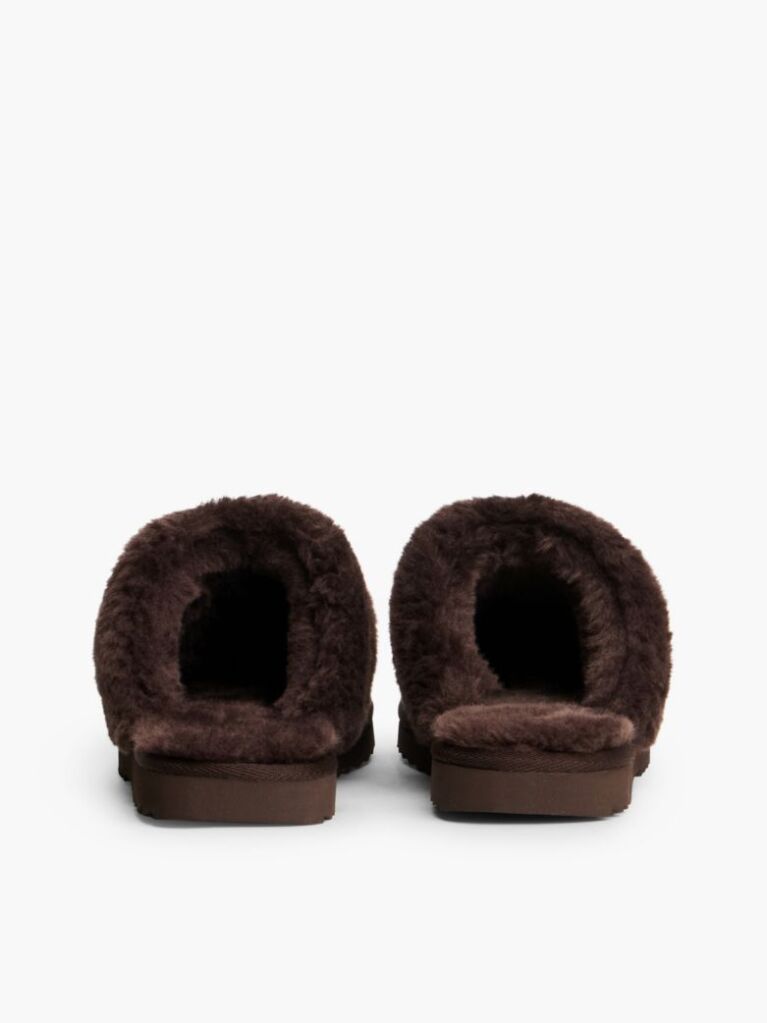 Brown Leather Faux Fur Serrated Slippers  Women