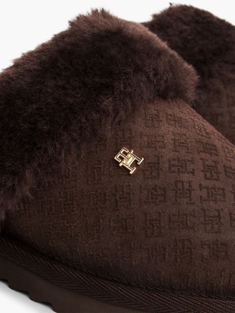 Brown Leather Faux Fur Serrated Slippers  Women