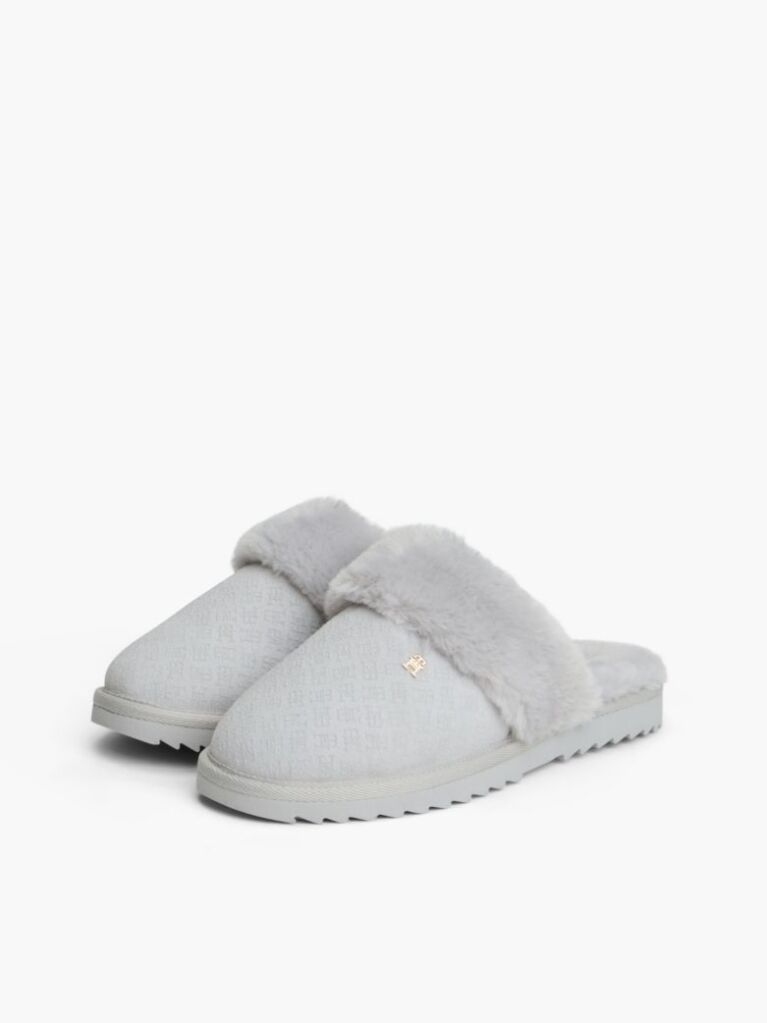 Grey Leather Faux Fur Serrated Slippers  Women