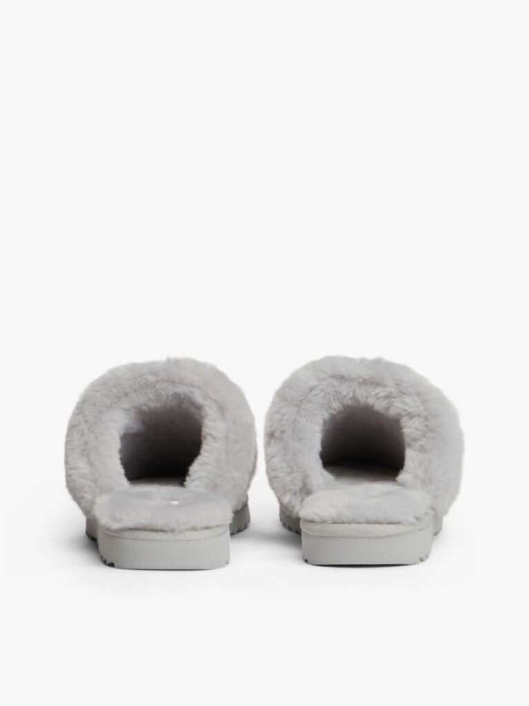 Grey Leather Faux Fur Serrated Slippers  Women