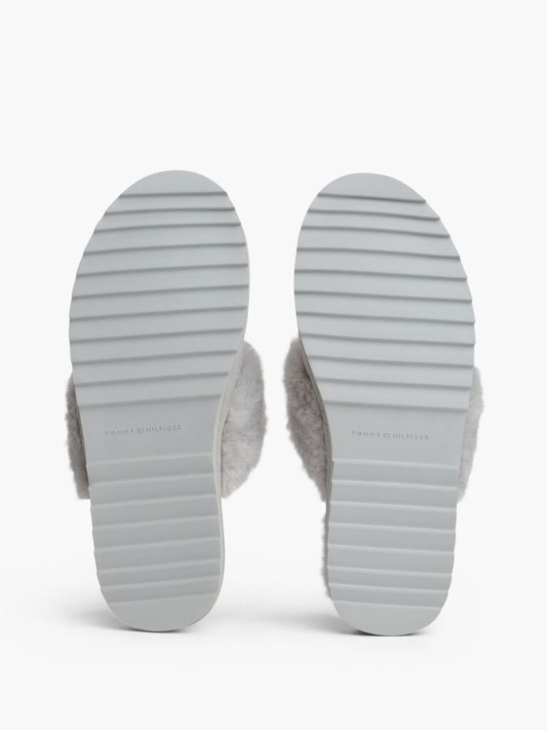 Grey Leather Faux Fur Serrated Slippers  Women