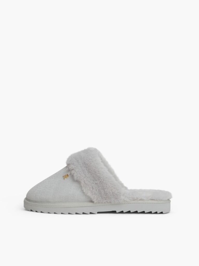 Grey Leather Faux Fur Serrated Slippers  Women