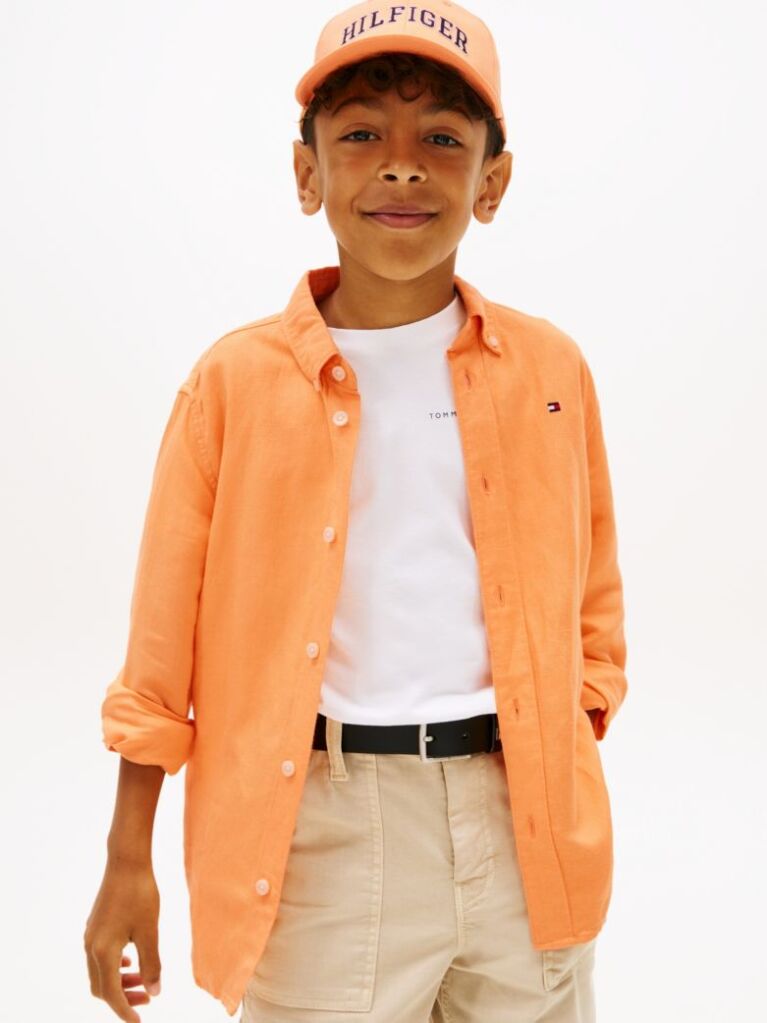 Orange Relaxed Fit Flag Embroidery Linen Blend Shirt  Boys