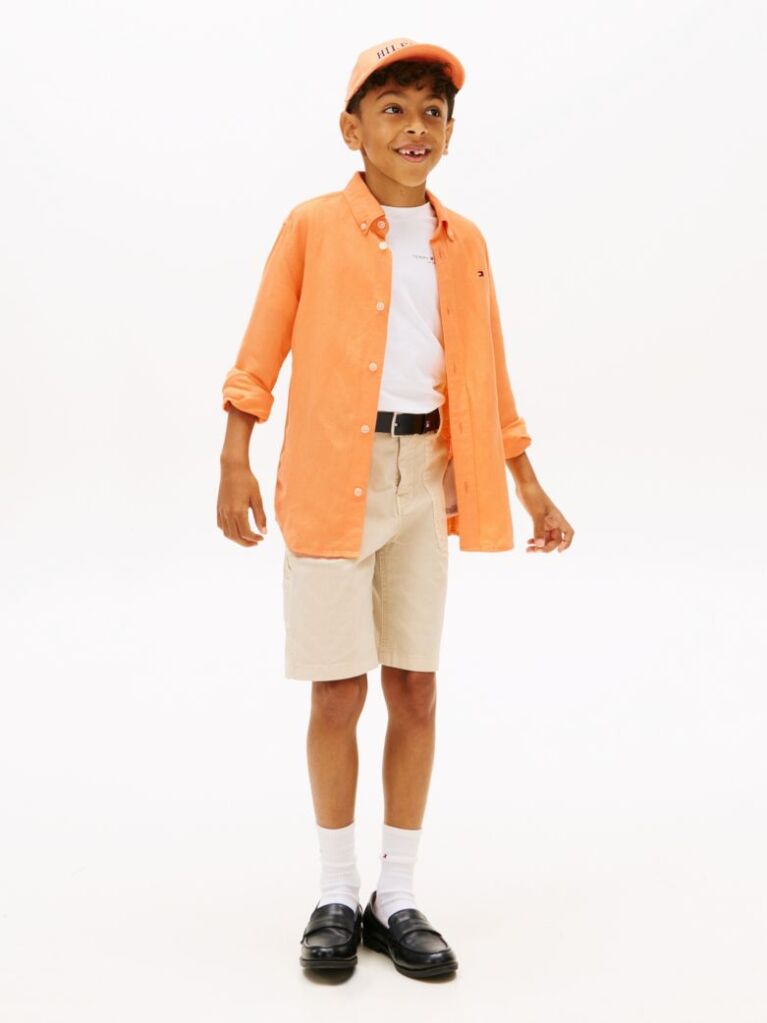Orange Relaxed Fit Flag Embroidery Linen Blend Shirt  Boys