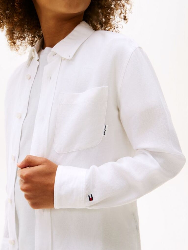 White Relaxed Fit Flag Embroidery Linen Blend Shirt  Boys