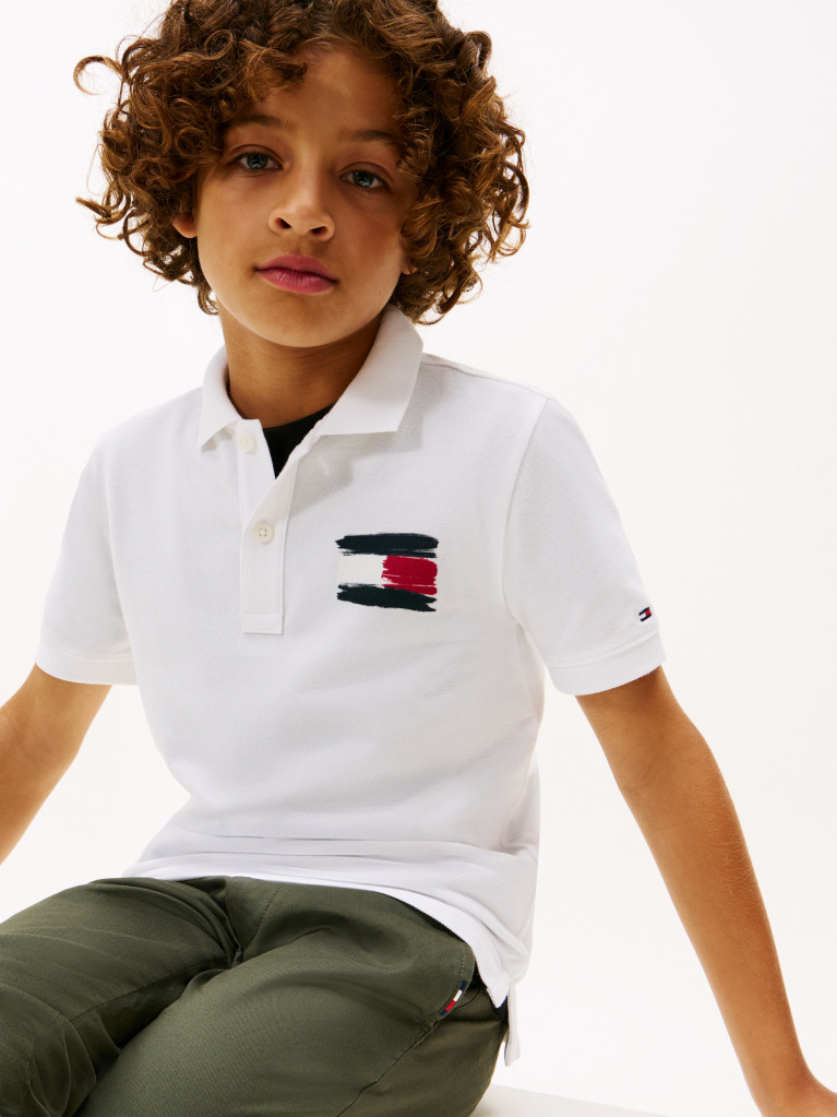 White Tommy Flag Short Sleeve Polo  Boys