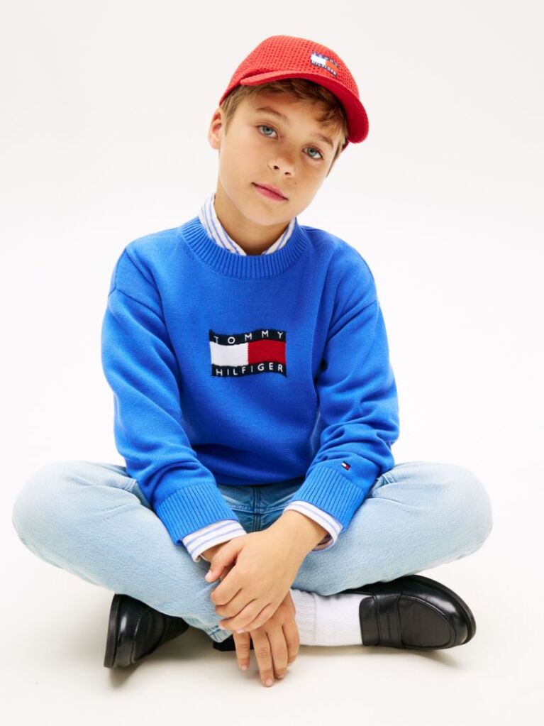 Blue Intarsia Wavy Flag Crew Neck Jumper  Boys