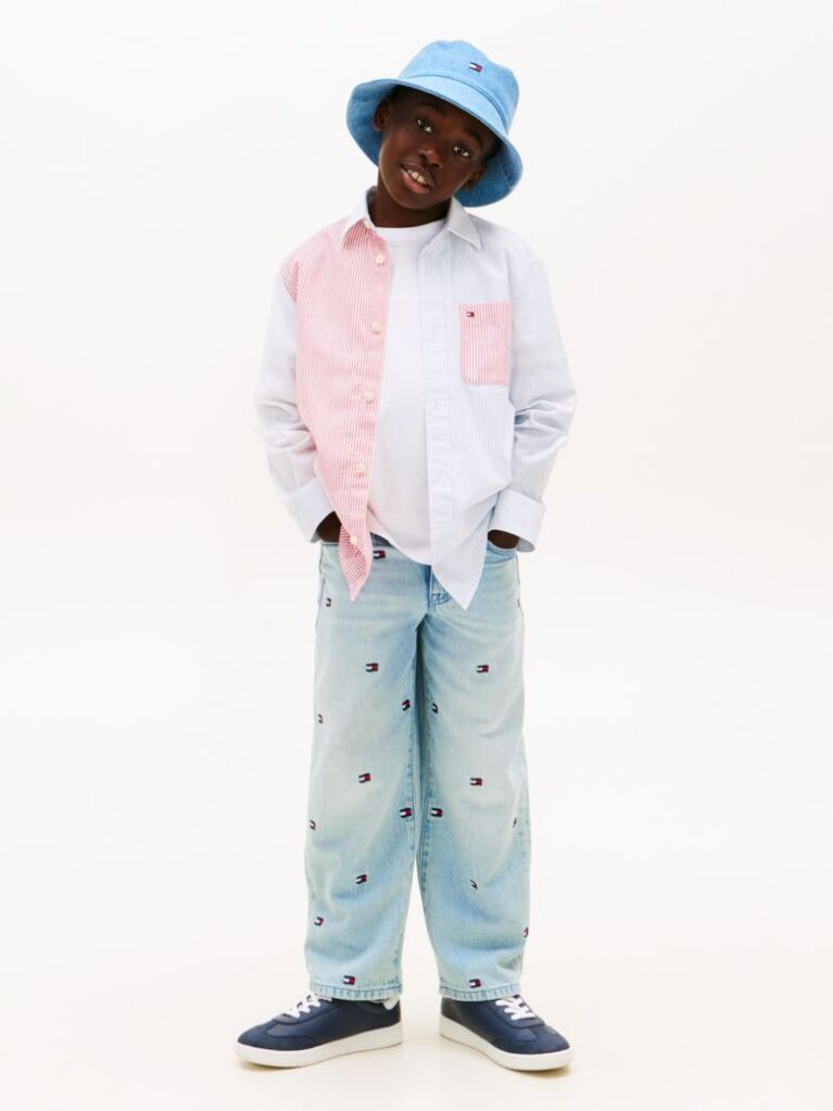Blue Wavy Flag Embroidery Loose Jeans  Boys