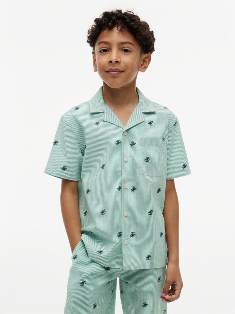 Green Ithaca Stripe Logo Embroidery Short Sleeve Shirt  Boys