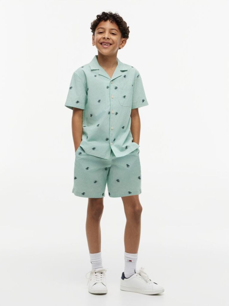 Green Ithaca Stripe Logo Embroidery Short Sleeve Shirt  Boys