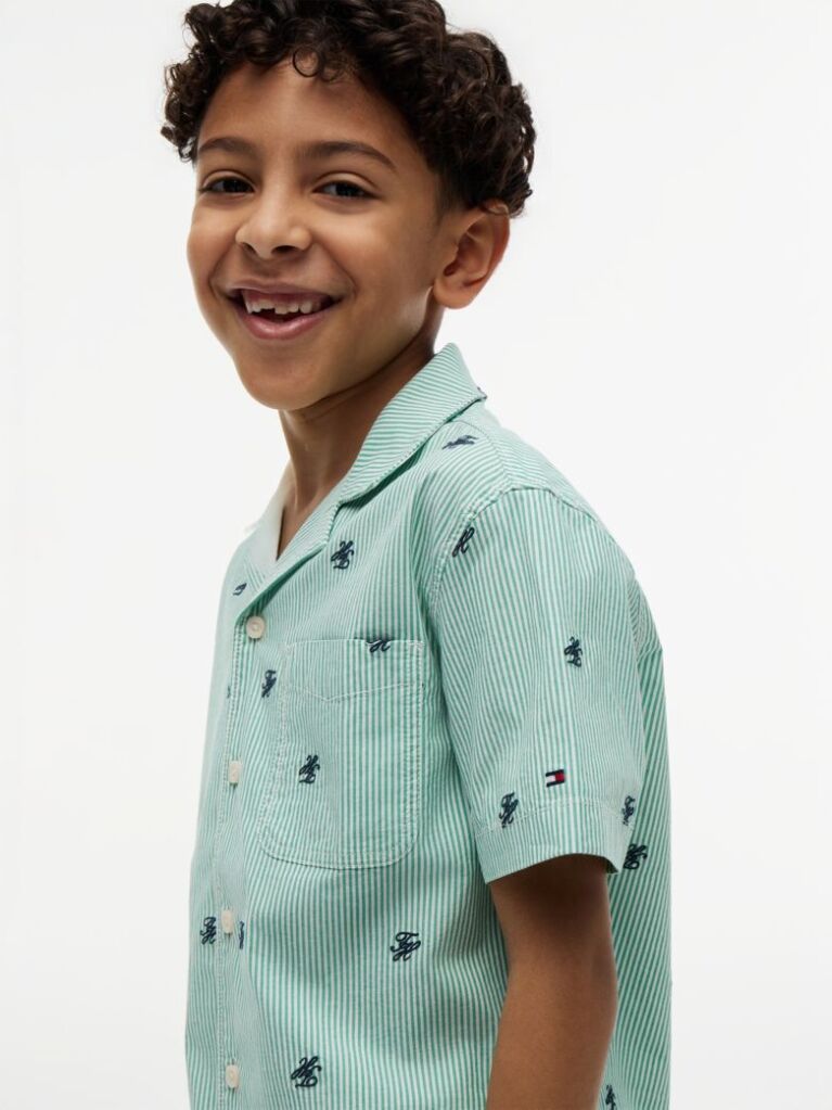 Green Ithaca Stripe Logo Embroidery Short Sleeve Shirt  Boys