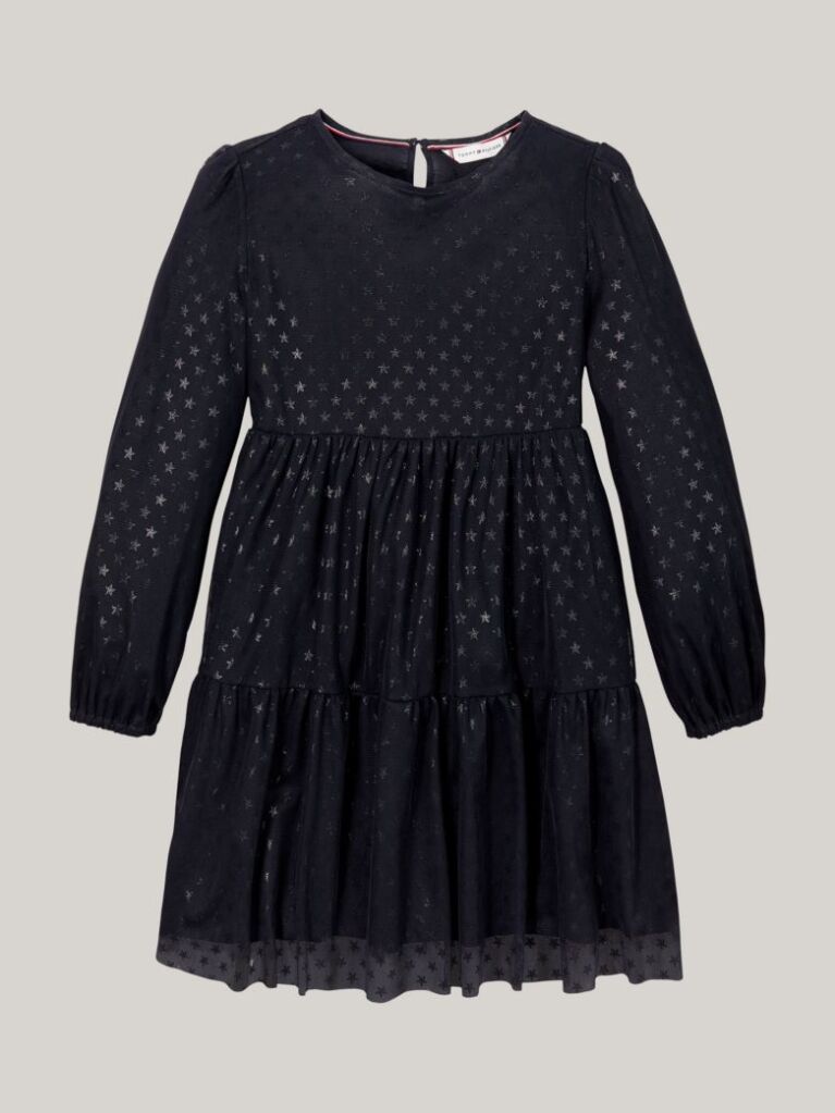 Black Metallic Star Mesh Flare Dress  Girls