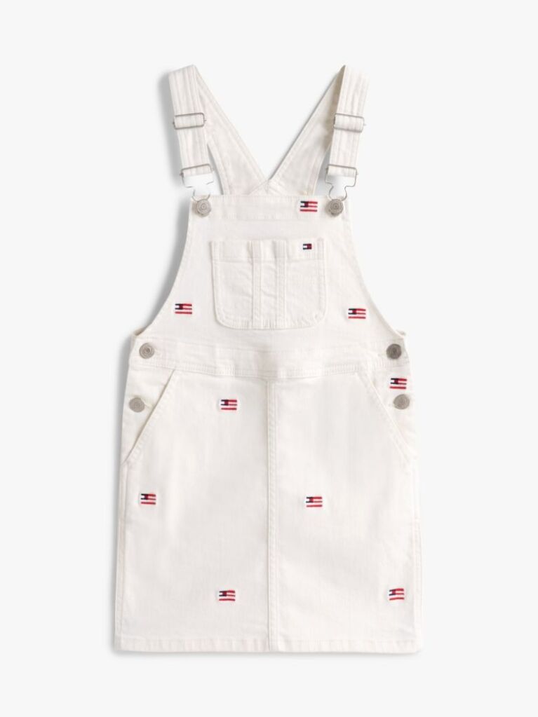 White Logo Embroidery Dungaree Dress  Girls