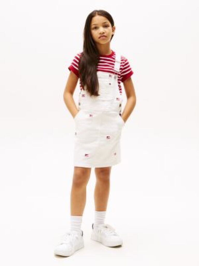 White Logo Embroidery Dungaree Dress  Girls