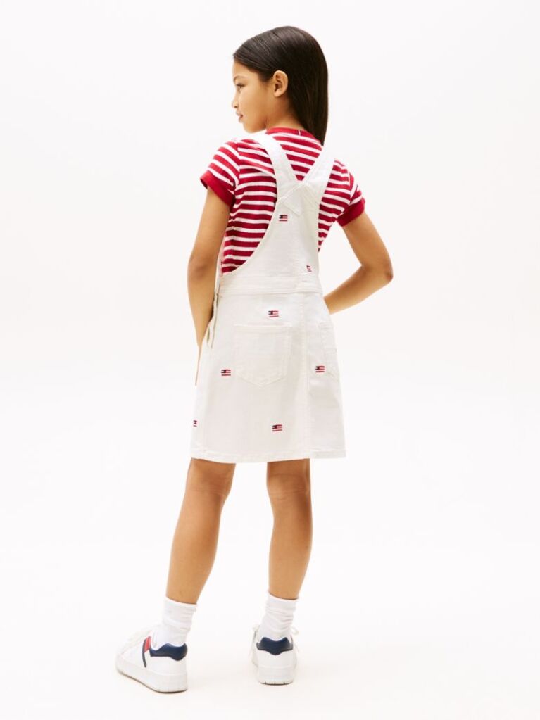 White Logo Embroidery Dungaree Dress  Girls