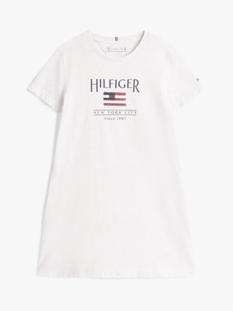 White Sequin Hilfiger Flag T-Shirt Dress  Girls