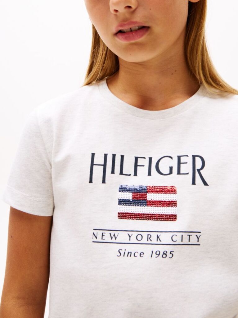 White Sequin Hilfiger Flag T-Shirt Dress  Girls