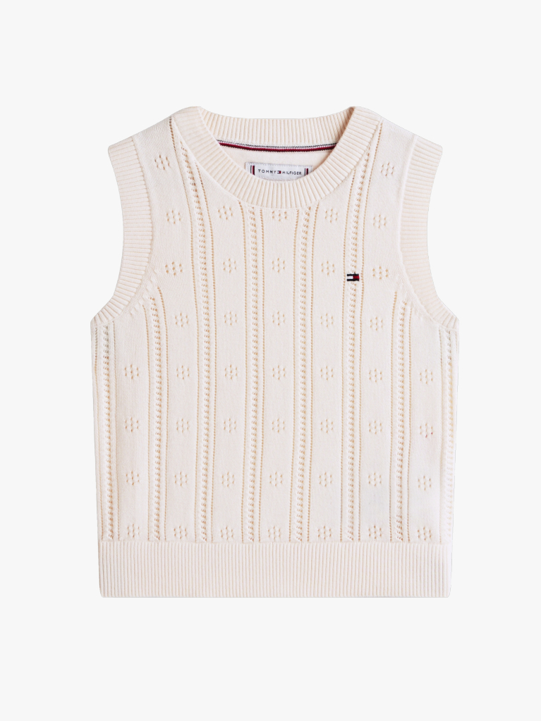 Beige Pointelle Relaxed Sweater Vest  Girls