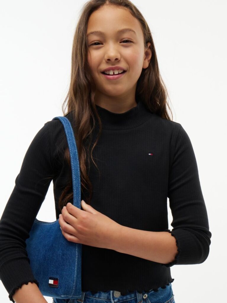 Black Ribbed Extra Slim Mock Neck Top  Girls