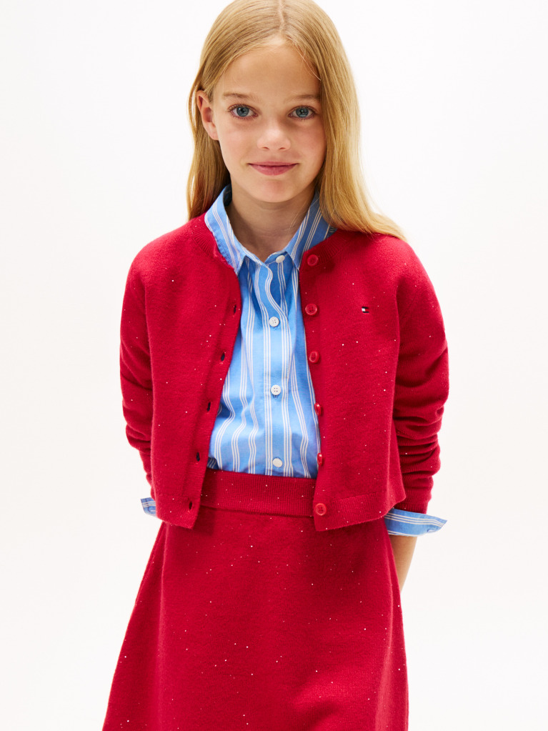 Red Sequin Rib-Knit Slim Cardigan  Girls
