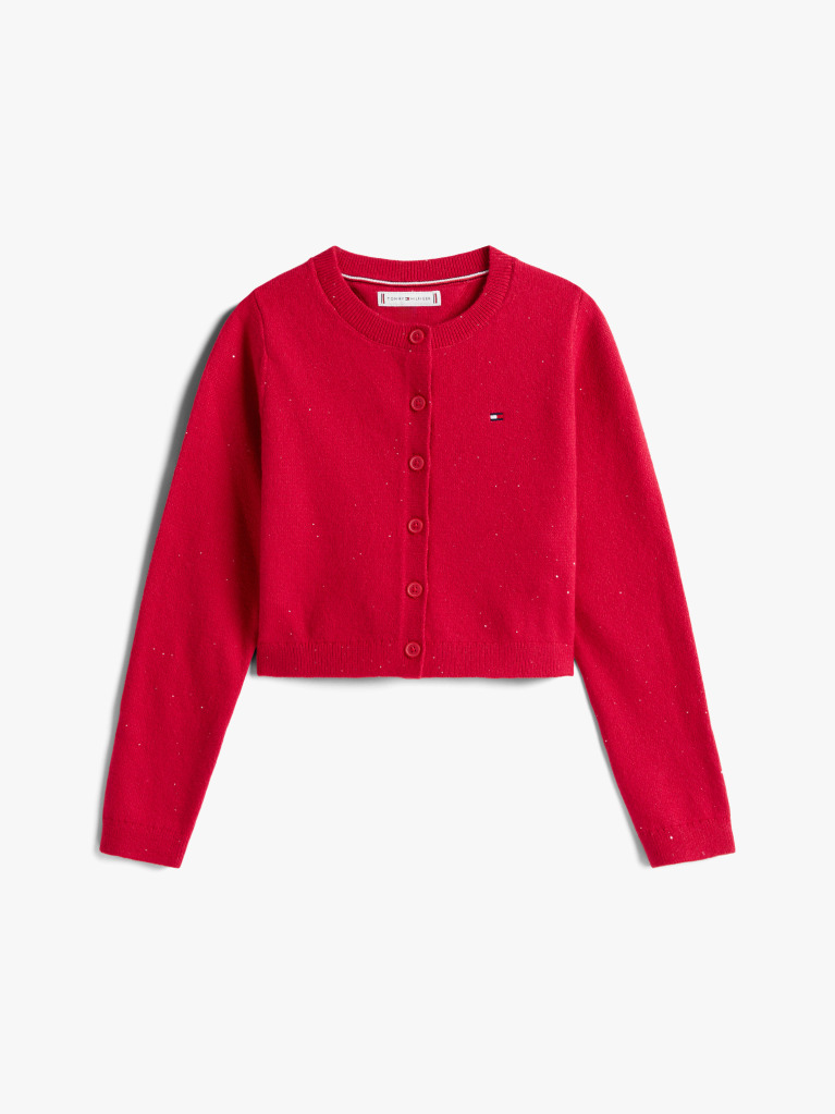 Red Sequin Rib-Knit Slim Cardigan  Girls