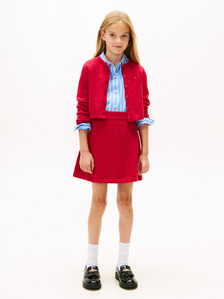 Red Sequin Rib-Knit Slim Cardigan  Girls