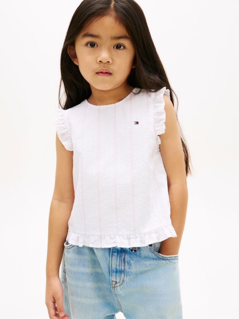 White Crossover Back Seersucker Sleeveless Shirt  Girls